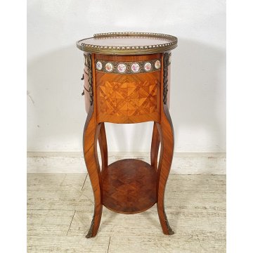 ANTICO COMODINO OVALE DA CENTRO CARLO X 1900 LEGNO 2 CASSETTI BRONZO OLD