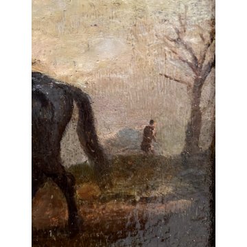 ANTICO DIPINTO OLIO TAVOLA PAESAGGIO RURALE CREPUSCOLO CAVALLO MANDRIANO BUE 800