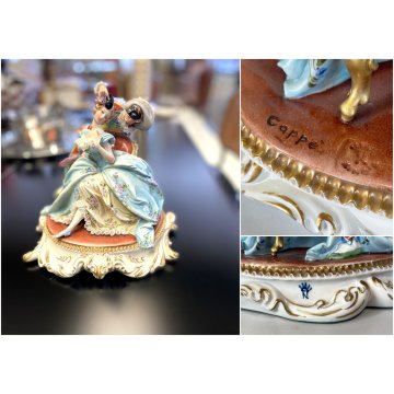 STATUINA PORCELLANA CAPODIMONTE Cappè SCENA CARNEVALE VENEZIANO ARLECCHINO '900