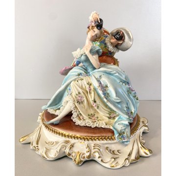 STATUINA PORCELLANA CAPODIMONTE Cappè SCENA CARNEVALE VENEZIANO ARLECCHINO '900
