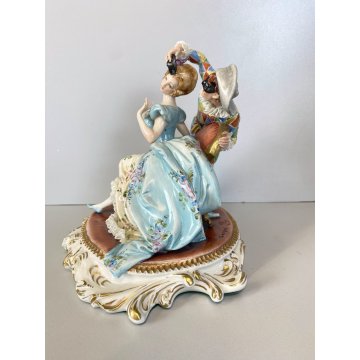 STATUINA PORCELLANA CAPODIMONTE Cappè SCENA CARNEVALE VENEZIANO ARLECCHINO '900