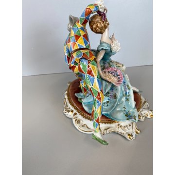 STATUINA PORCELLANA CAPODIMONTE Cappè SCENA CARNEVALE VENEZIANO ARLECCHINO '900