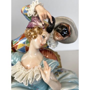 STATUINA PORCELLANA CAPODIMONTE Cappè SCENA CARNEVALE VENEZIANO ARLECCHINO '900