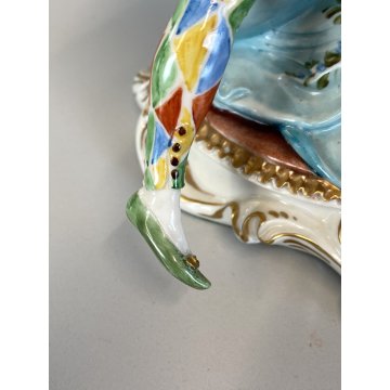 STATUINA PORCELLANA CAPODIMONTE Cappè SCENA CARNEVALE VENEZIANO ARLECCHINO '900