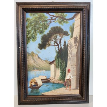 ANTICO QUADRO DIPINTO olio tavola 1881 paesaggio ISOLA PESCATORI Lago Maggiore