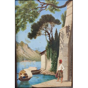 ANTICO QUADRO DIPINTO olio tavola 1881 paesaggio ISOLA PESCATORI Lago Maggiore