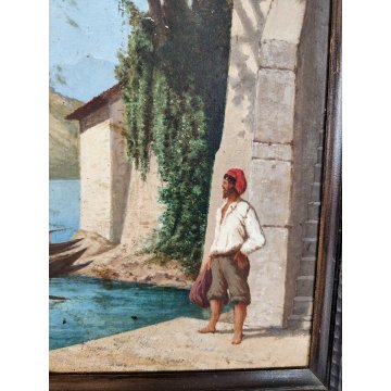 ANTICO QUADRO DIPINTO olio tavola 1881 paesaggio ISOLA PESCATORI Lago Maggiore