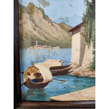 ANTICO QUADRO DIPINTO olio tavola 1881 paesaggio ISOLA PESCATORI Lago Maggiore