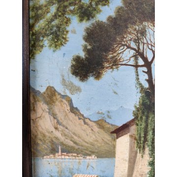 ANTICO QUADRO DIPINTO olio tavola 1881 paesaggio ISOLA PESCATORI Lago Maggiore