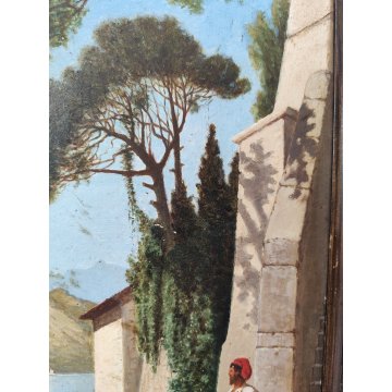 ANTICO QUADRO DIPINTO olio tavola 1881 paesaggio ISOLA PESCATORI Lago Maggiore