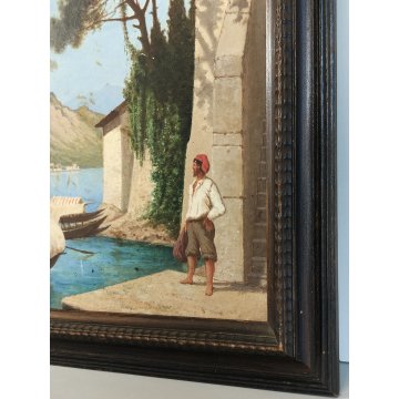 ANTICO QUADRO DIPINTO olio tavola 1881 paesaggio ISOLA PESCATORI Lago Maggiore