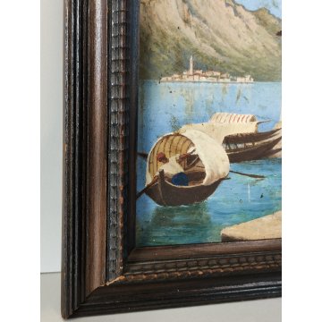 ANTICO QUADRO DIPINTO olio tavola 1881 paesaggio ISOLA PESCATORI Lago Maggiore