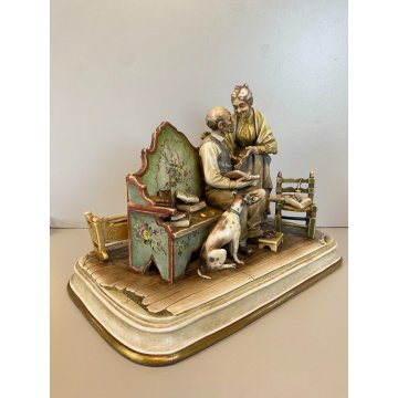 RARO GRUPPO SCULTOREO PORCELLANA A. Borsato Ottuagenari ANZIANI con CANE VINTAGE