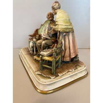 RARO GRUPPO SCULTOREO PORCELLANA A. Borsato Ottuagenari ANZIANI con CANE VINTAGE