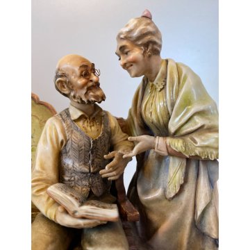RARO GRUPPO SCULTOREO PORCELLANA A. Borsato Ottuagenari ANZIANI con CANE VINTAGE