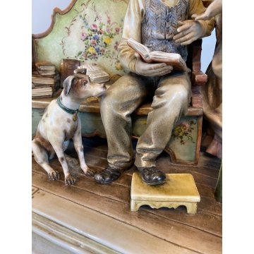 RARO GRUPPO SCULTOREO PORCELLANA A. Borsato Ottuagenari ANZIANI con CANE VINTAGE