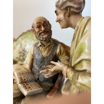 RARO GRUPPO SCULTOREO PORCELLANA A. Borsato Ottuagenari ANZIANI con CANE VINTAGE