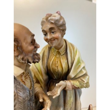 RARO GRUPPO SCULTOREO PORCELLANA A. Borsato Ottuagenari ANZIANI con CANE VINTAGE