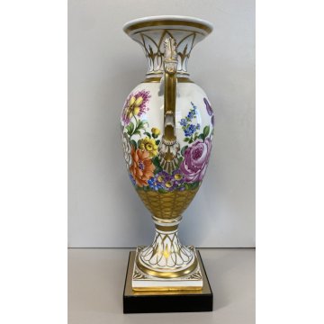 VASO ANFORA BIANSATA PORCELLANA BIANCA Dresden DECORO MOTIVO FLOREALE 35,5 cm/h