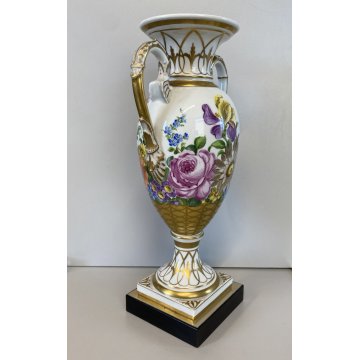 VASO ANFORA BIANSATA PORCELLANA BIANCA Dresden DECORO MOTIVO FLOREALE 35,5 cm/h
