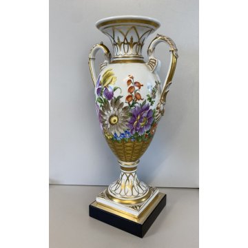 VASO ANFORA BIANSATA PORCELLANA BIANCA Dresden DECORO MOTIVO FLOREALE 35,5 cm/h