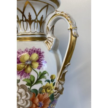 VASO ANFORA BIANSATA PORCELLANA BIANCA Dresden DECORO MOTIVO FLOREALE 35,5 cm/h