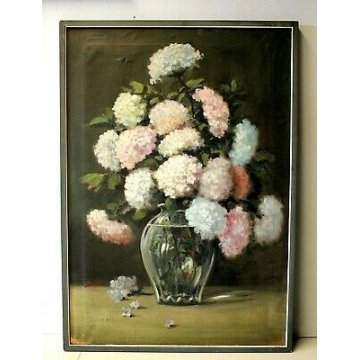 GRANDE ANTICO QUADRO DIPINTO OLIO Luigi Bosio NATURA MORTA VASO VETRO ORTENSIE