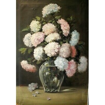GRANDE ANTICO QUADRO DIPINTO OLIO Luigi Bosio NATURA MORTA VASO VETRO ORTENSIE
