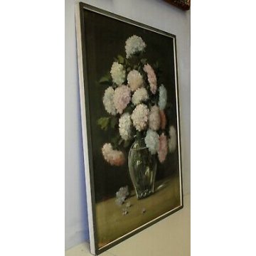 GRANDE ANTICO QUADRO DIPINTO OLIO Luigi Bosio NATURA MORTA VASO VETRO ORTENSIE