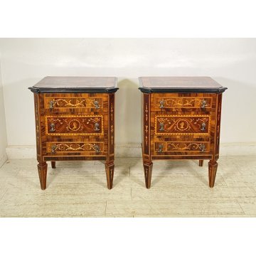 ANTICA COPPIA COMODINI STILE LUIGI XVI LEGNO INTARSIAMO PRIMI 1900 3 CASSETTI