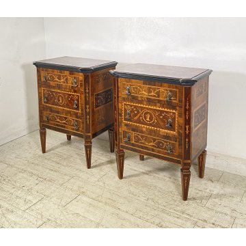 ANTICA COPPIA COMODINI STILE LUIGI XVI LEGNO INTARSIAMO PRIMI 1900 3 CASSETTI