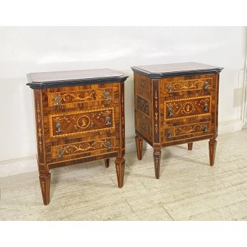 ANTICA COPPIA COMODINI STILE LUIGI XVI LEGNO INTARSIAMO PRIMI 1900 3 CASSETTI