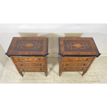 ANTICA COPPIA COMODINI STILE LUIGI XVI LEGNO INTARSIAMO PRIMI 1900 3 CASSETTI