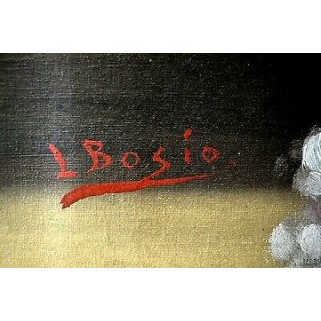 GRANDE ANTICO QUADRO DIPINTO OLIO Luigi Bosio NATURA MORTA VASO VETRO ORTENSIE