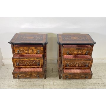ANTICA COPPIA COMODINI STILE LUIGI XVI LEGNO INTARSIAMO PRIMI 1900 3 CASSETTI