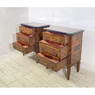 ANTICA COPPIA COMODINI STILE LUIGI XVI LEGNO INTARSIAMO PRIMI 1900 3 CASSETTI