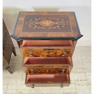 ANTICA COPPIA COMODINI STILE LUIGI XVI LEGNO INTARSIAMO PRIMI 1900 3 CASSETTI