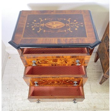 ANTICA COPPIA COMODINI STILE LUIGI XVI LEGNO INTARSIAMO PRIMI 1900 3 CASSETTI
