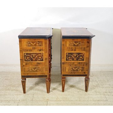 ANTICA COPPIA COMODINI STILE LUIGI XVI LEGNO INTARSIAMO PRIMI 1900 3 CASSETTI
