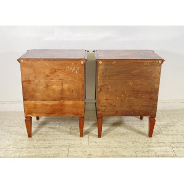 ANTICA COPPIA COMODINI STILE LUIGI XVI LEGNO INTARSIAMO PRIMI 1900 3 CASSETTI