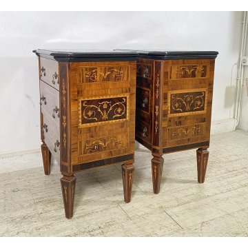 ANTICA COPPIA COMODINI STILE LUIGI XVI LEGNO INTARSIAMO PRIMI 1900 3 CASSETTI