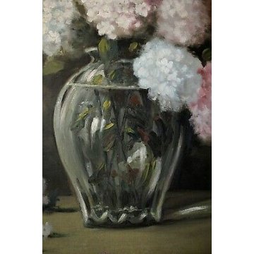 GRANDE ANTICO QUADRO DIPINTO OLIO Luigi Bosio NATURA MORTA VASO VETRO ORTENSIE