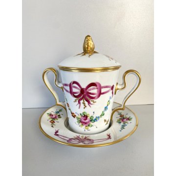 TAZZA PIATTINO COPERCHIO PORCELLANA LIMOGES FRANCE Trambleuse per CIOCCOLATA '50