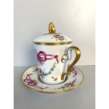 TAZZA PIATTINO COPERCHIO PORCELLANA LIMOGES FRANCE Trambleuse per CIOCCOLATA '50