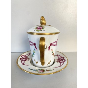 TAZZA PIATTINO COPERCHIO PORCELLANA LIMOGES FRANCE Trambleuse per CIOCCOLATA '50