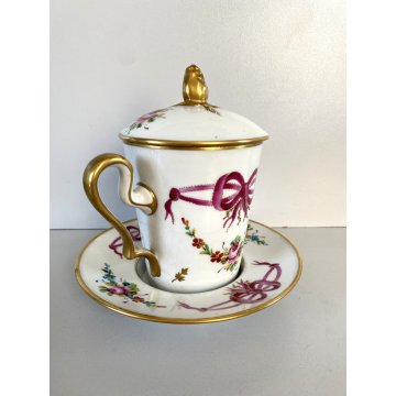 TAZZA PIATTINO COPERCHIO PORCELLANA LIMOGES FRANCE Trambleuse per CIOCCOLATA '50