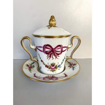 TAZZA PIATTINO COPERCHIO PORCELLANA LIMOGES FRANCE Trambleuse per CIOCCOLATA '50