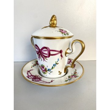TAZZA PIATTINO COPERCHIO PORCELLANA LIMOGES FRANCE Trambleuse per CIOCCOLATA '50