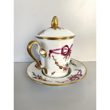 TAZZA PIATTINO COPERCHIO PORCELLANA LIMOGES FRANCE Trambleuse per CIOCCOLATA '50
