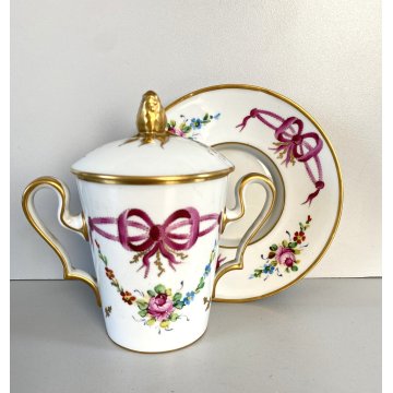 TAZZA PIATTINO COPERCHIO PORCELLANA LIMOGES FRANCE Trambleuse per CIOCCOLATA '50